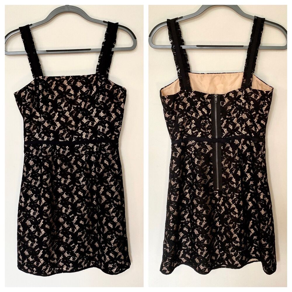 Juicy Couture Black Lace Tan Satin Lined Spaghetti Strap Zip Sheath Dress 4
